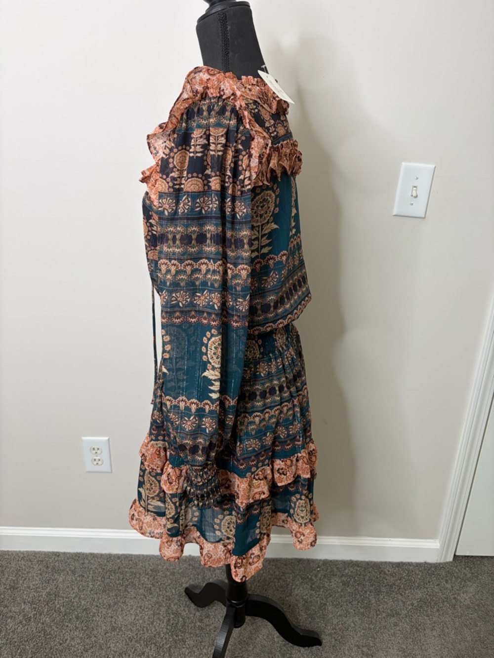 NWT AUREUM Teal and Peach Ruffled Long-Sleeve Tiered Mini Dress - Picture 3 of 9